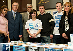 Professor Graham Ogden, Mike Walton, final year Dental students, local GDP and Liz Grant at a Mouth Cancer Awareness Week event at Dundee University Students Union.
